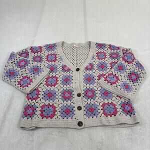 POL Granny Square Crochet Cardigan Sweater Tan, Prpl, Blue, Pink Boho Sz Small